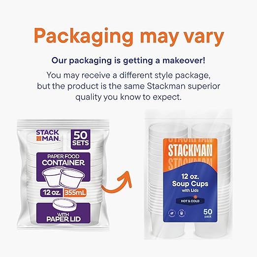 Stack Man Paper Food Container with Lid, Insulated Food Cups with Vented Lids - Hot or Cold To Go Soup Cup, for Soups, Ice Cream and Yogurt - Eco-Friendly - White