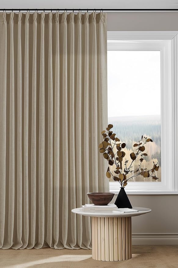 Pinch Pleated Linen Gray Beige Semi Sheer Curtains 102 Inches Long 2 Panels | - Image 9