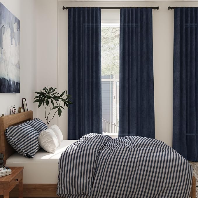 Navy Blue Linen Textured 96 Inch Curtains 2 Panel Set Back Tab Rod Pocket Semi - Image 7