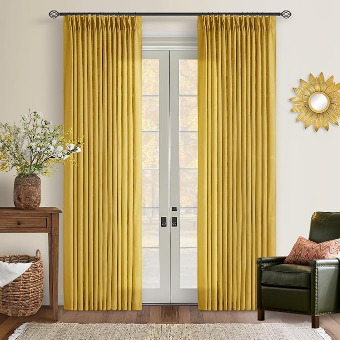Mustard Yellow 90 Inch Thick Linen Curtains Pinch Pleated 2 Panels Set | - Image 9