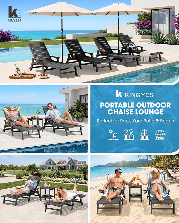 KINGYES HDPE Lounge Chair Outdoor Set of 4, Patio Chaise Lounge Recliner - Image 9