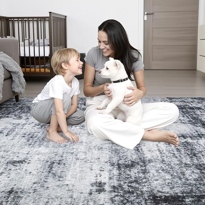 Area Rug Living Room: 8x8 Modern Washable Soft Carpet Dark Black | - Image 8