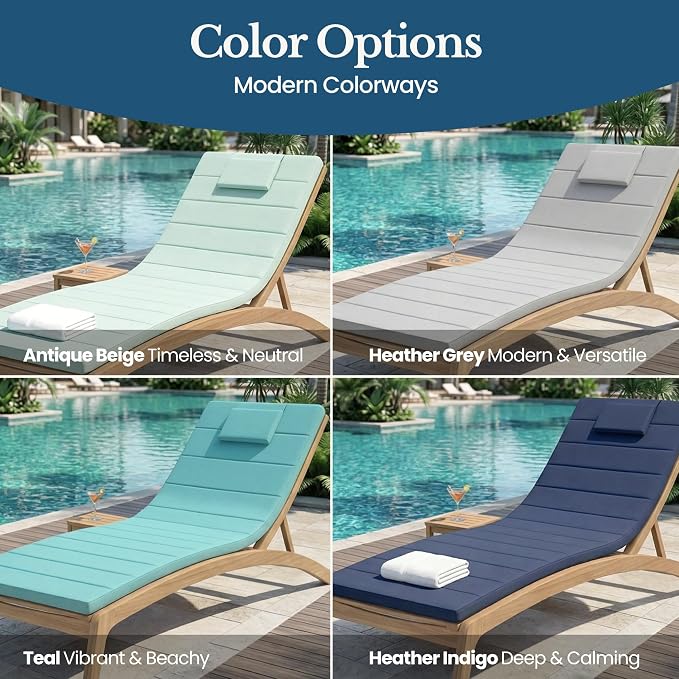 Quilted Chaise Lounge Outdoor Patio Furniture Cushions | Water-Resistant Patio - Image 8