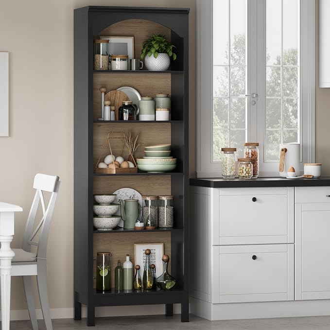 Arched Bookshelf with 5 Tier Open Shelves, Study and Living Room, Modern Black - Image 8