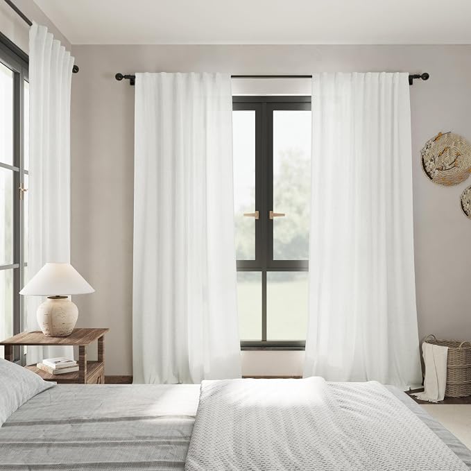 Ivory Linen Sheer Curtains 54 Inch Length 2 Panel Set Back Tab Rod Pocket Semi - Image 7