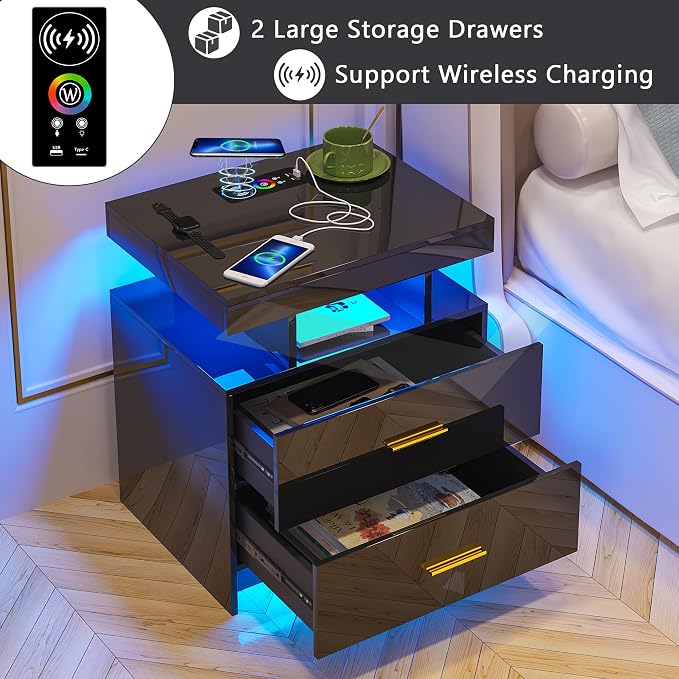 HNEBC Auto LED Nightstand with Wireless Charging Station & USB Ports, High - Image 12