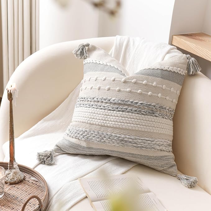 Gray Boho Decorative Throw Pillow Cover 20x20 Square Farmhouse Accent Cushion - Image 9