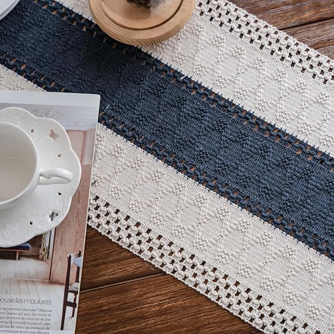 Macrame Table Runner Cream Beige and Blue Boho Table Runners - Image 7
