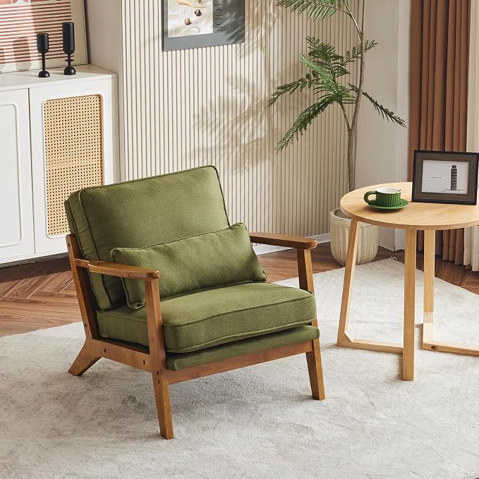 VINGLI Solid Wood Wide Armrests Accent Chair, Upholstered Mid Century Modern - Image 9