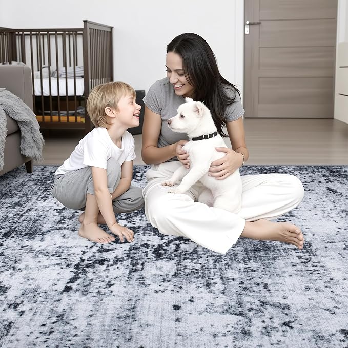 Area Rug Living Room: 8x8 Modern Washable Indoor Carpet Black | - Image 10