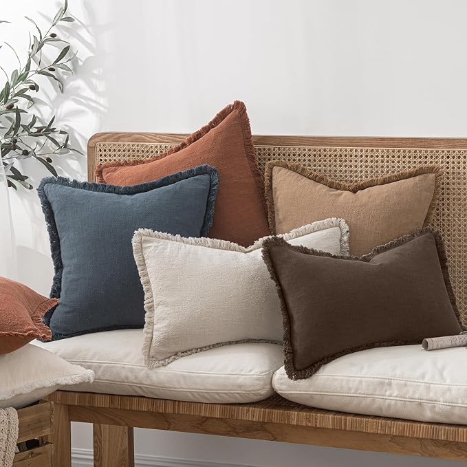 MIULEE Linen Fringe Decorative Fall Euro Pillow Covers Reddish Brown 22x22 | - Image 7
