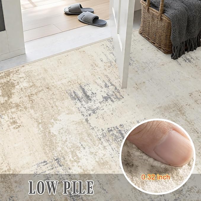 2.6x8 Washable Runner Rug:Modern Abstract Soft Carpet Beige Brown | - Image 7