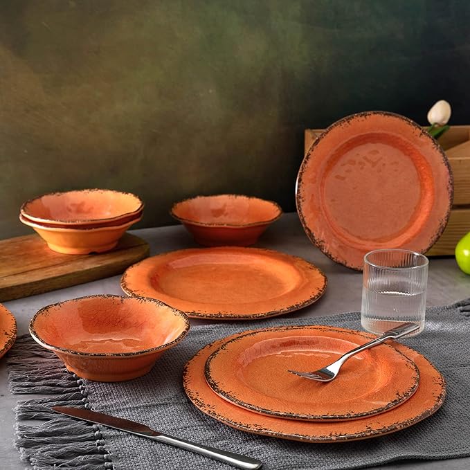 LEHAHA Rustic Farmhouse Melamine Dinner Plates Set of 6, 11 inch Lightweight Camper RV Dishes, Indoor and Outdoor Use, Reusable, Sturdy and Dishwasher Safe, Orange