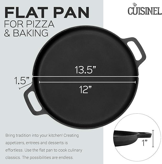 Cuisinel Pre-Seasoned Cast Iron Pizza and Baking Pan (13.5 Inch) Natural Finish, Enhanced Heat Retention and Dispersion - Stove, Oven, Grill or Campfire