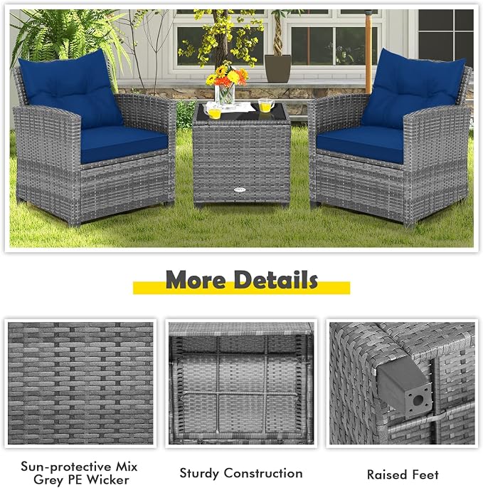 COSTWAY 3-Piece Patio Furniture Set, Outdoor Wicker Rattan Sofa - Image 7