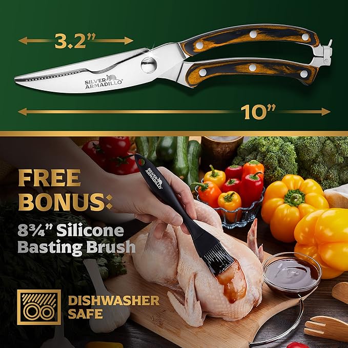 Heavy Duty Stainless Steel Poultry Shears For Bone, Chicken, Meat, Fish, Seafood, Vegetables. Premium Spring Loaded Food Scissors. One piece Kitchen Shears. (Brown Wooden Handles)