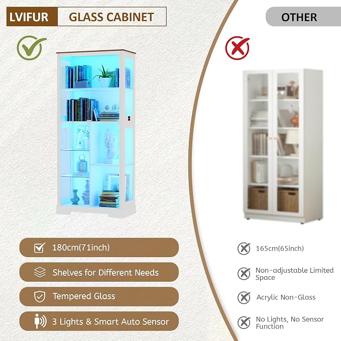 Lvifur Display Cabinet with Glass Doors, Modern Curio Cabinet with 3 Color - Image 7