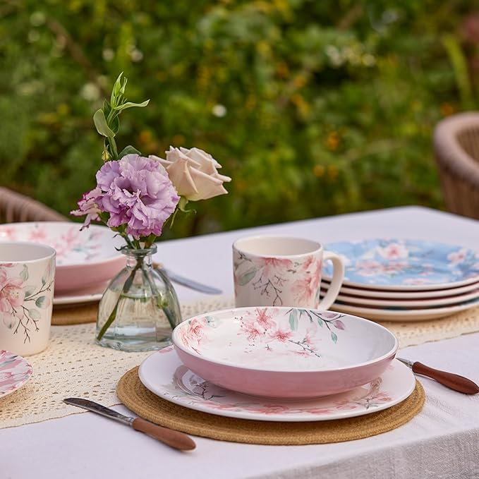 Bico Spring Sakura Pasta Bowls, 35oz Salad Bowl Set of 4, Large Ceramic Serving Dinner Bowls for Soup and Cereal, Microwave and Dishwasher Safe, Gift for Housewarming and Thanksgiving