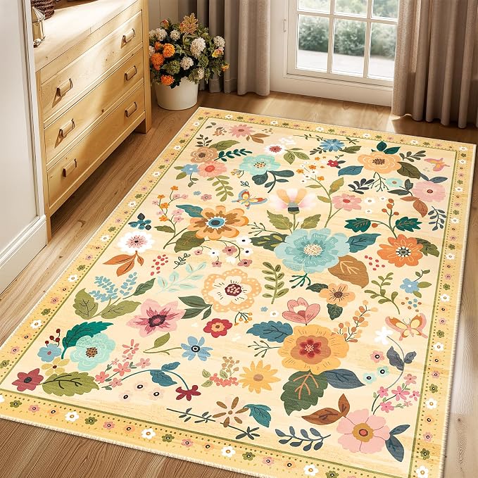 RELEANY Floral Washable 4x6 Area Rugs Ivory/Yellow | Flower Carpet Print Boho - Image 9