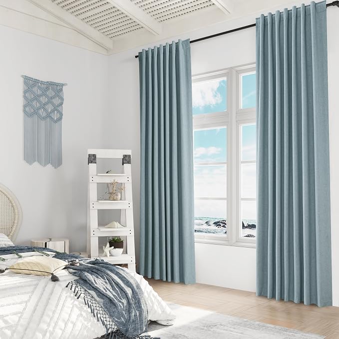 Blue 100% Blackout Linen Curtains 80 Inch Length 2 Panels Set - Image 8