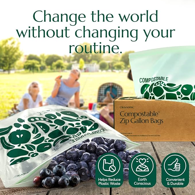 Cleanomic Compostable* Gallon Size Food Storage Bags (25 Eco Zip) Freezer and Leak Proof, Also Available Quart, Snack and Sandwich Bags