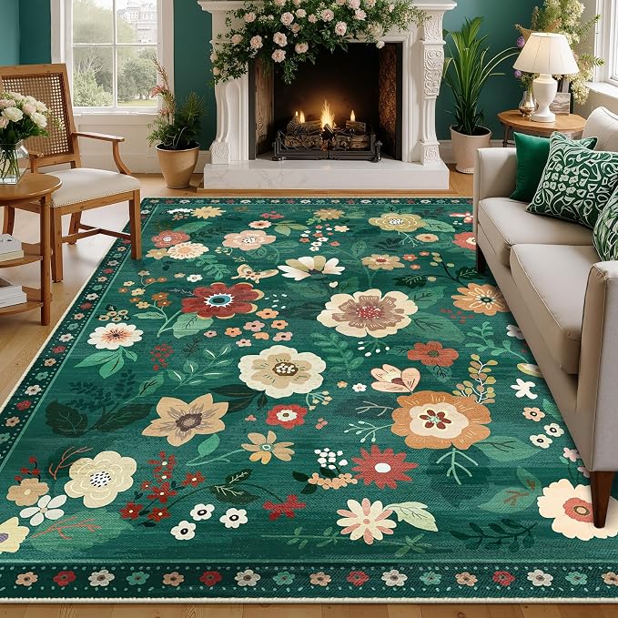 RELEANY Floral Washable 5x7 Area Rugs DarkGreen | Flower Carpet Print Boho Cute - Image 9