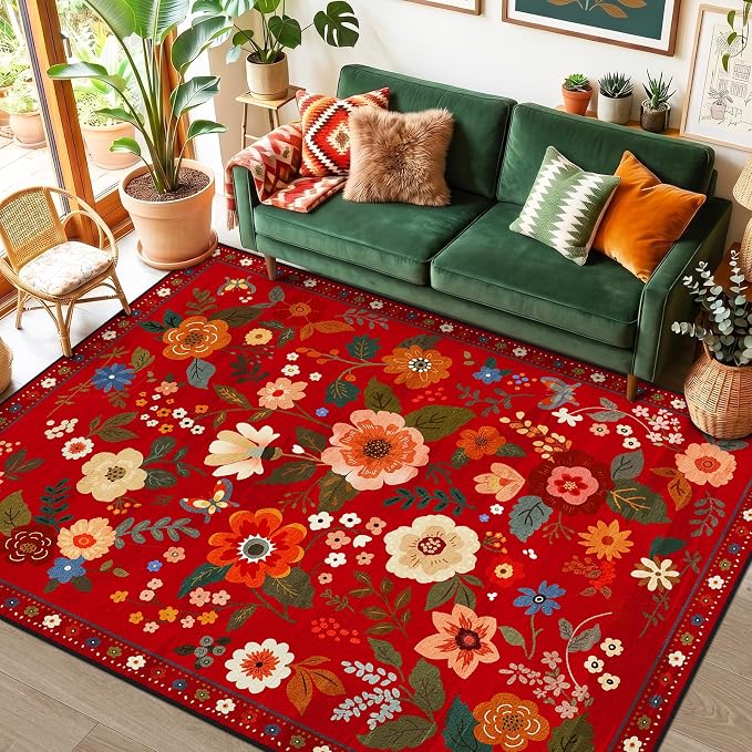 Floral Washable 8x10 Area Rugs Red/Orange | Flower Carpet Print Boho Cute Non - Image 9