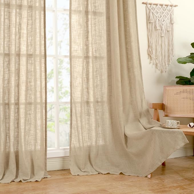 Linen Semi Sheer Curtains for Bedroom 72 Inch Length 2 Panels | Faux Linen - Image 9