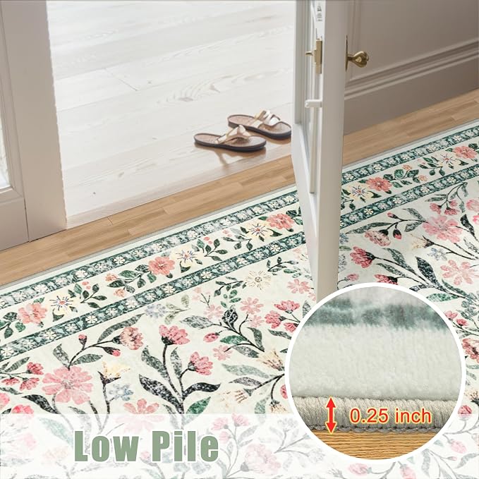 PLHXFR Area Rug Living Room: 5x7 Floral Washable Boho Carpet Green Beige | - Image 10