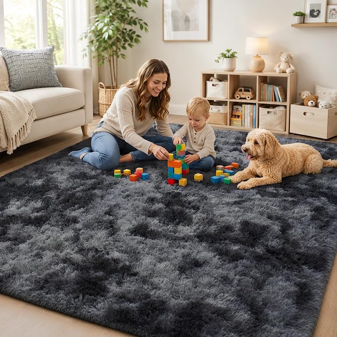 PLHXFR 8x10 Area Rugs Living Room: Fluffy Bedroom Soft Shag Rug Black Grey | - Image 9