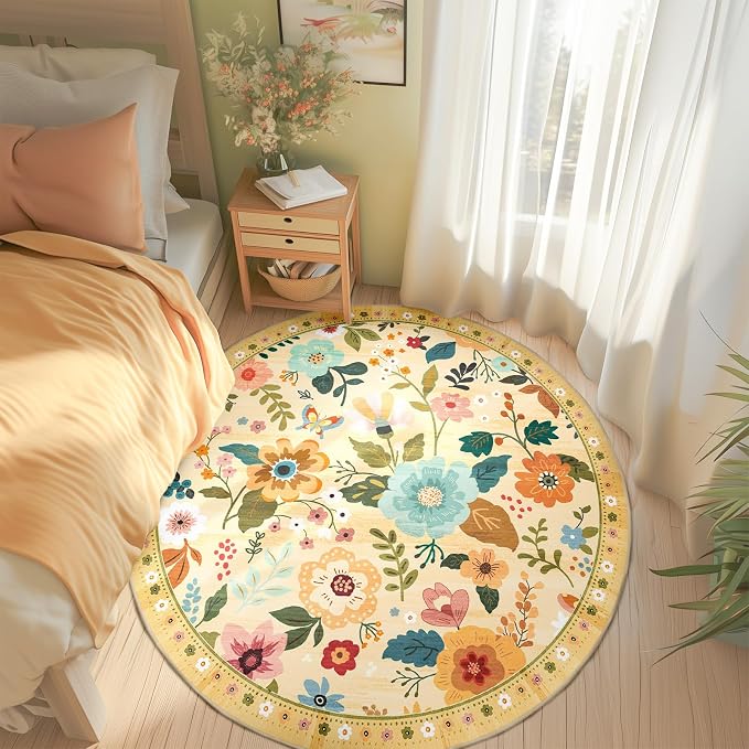 RELEANY Floral Washable Round 6ft Area Rug Ivory/Yellow | Flower Carpet Print - Image 8