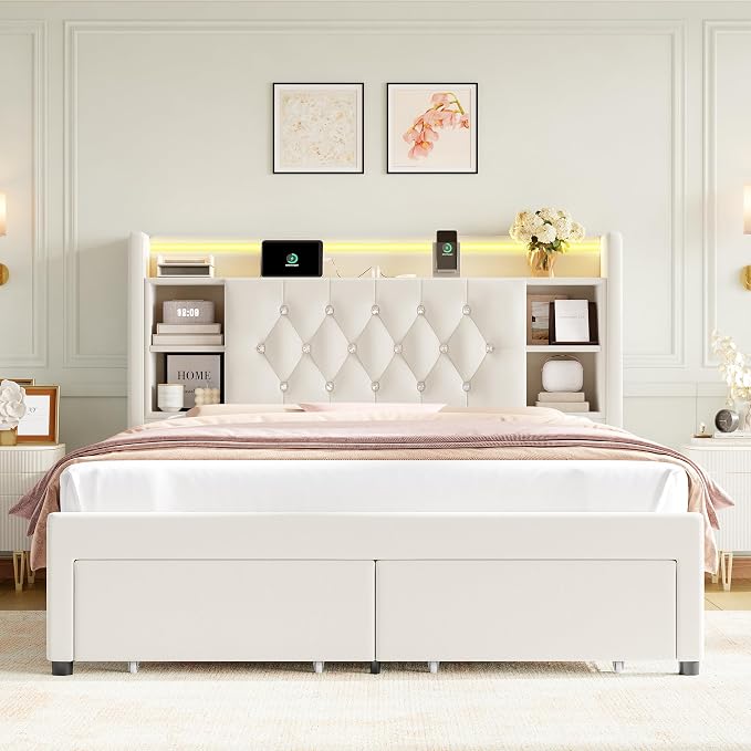 Full Bed Frame with Drawers, Hidden-Cubby & Shelves Storage Headboard with - Image 9