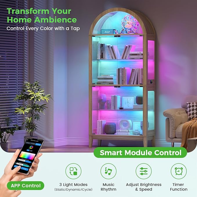 HNEBC Arched Display Case with RGB Lights, LED Curio Cabinet with Shelf - Image 9