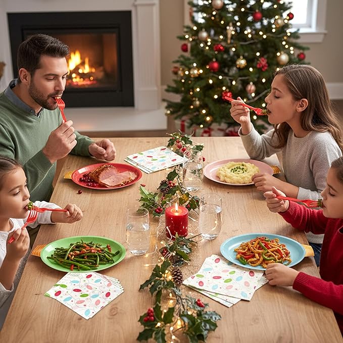 75Pcs Christmas Plates Dinnerware Set Disposable, Heavy Duty Christmas Paper Plates and Napkins with Plastic Forks Party Supplies Serve 25, Light Bulb Design Dinnerware Set for Holiday Home Xmas Party