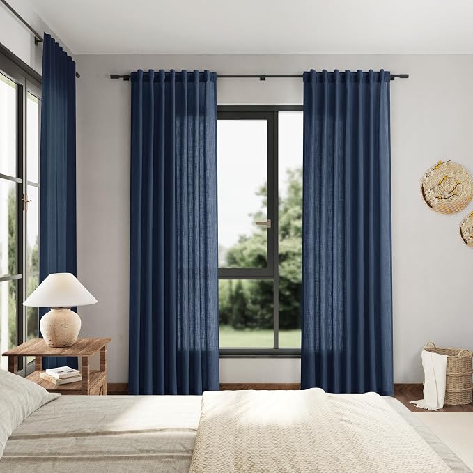 Denim Blue Linen Curtains 102 Inches Long Rod Pocket Back Tab Drapes 2 Panels - Image 7