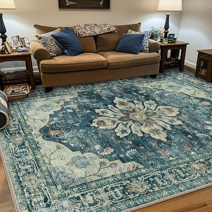 RELEANY Washable Area Rug, Water Repellent, Pet Friendly, Vintage Floral Boho by RELEANY