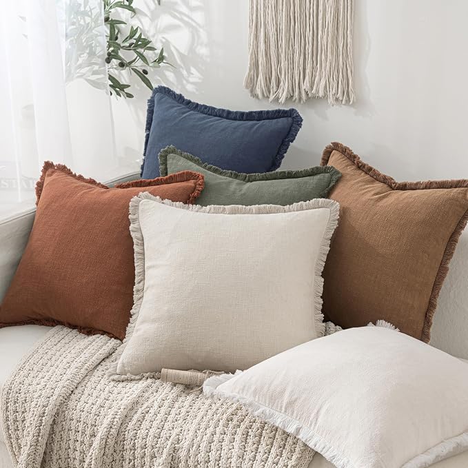 MIULEE Boho Linen Fringe Decorative Fall Throw Pillow Covers Brown 16x16 | Set - Image 7