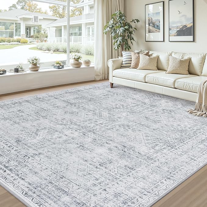 10x12 Area Rugs Living Room: Bedroom Neutral Washable Carpet Gray | Vintage - Image 9
