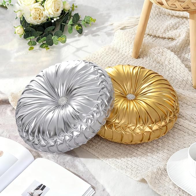 HIG Set of 2 Silver Metallic Leather Decorative Round Pleated Throw Pillows | - Image 8