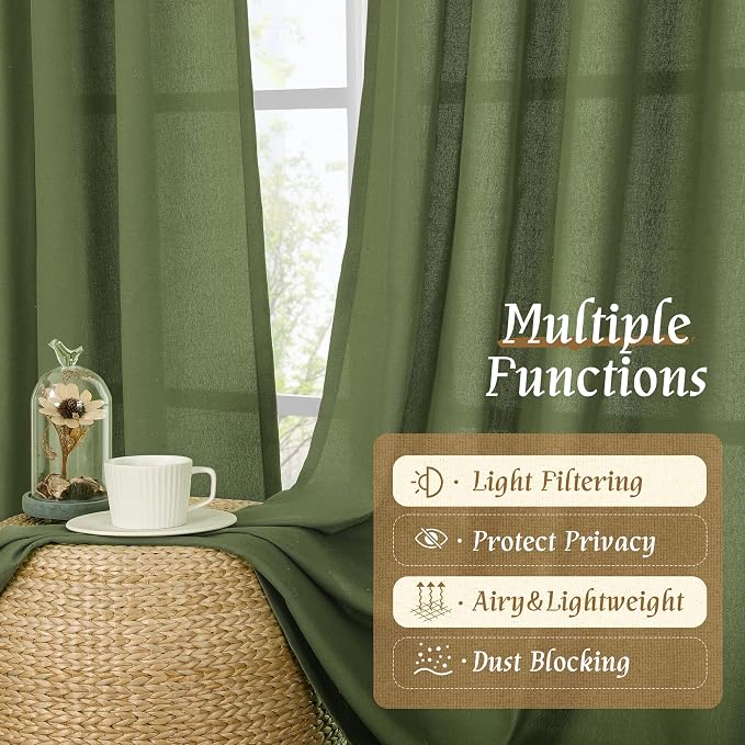 Olive Green Semi Sheer Linen Curtains 72 Inch Length - Image 9