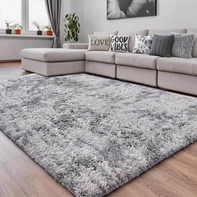 Amdrebio Tie-Dyed Light Grey Fluffy Area Rug 4x6 - Image 7