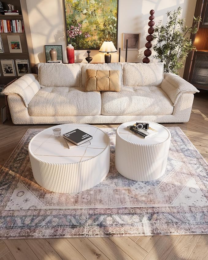 White Marble Coffee Table Set of 2, 29.52" Round Flued Coffee Table and End - Image 9