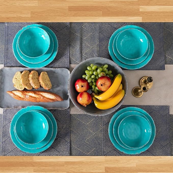 Farmhouse Melamine Pasta Bowls Set of 6, 42 OZ Shallow Individual Bowl, Melamine Pasta Plates and Salad Bowls sets, Dishwasher Safe Serving,Snack bowl,Fruit Bowl, Teal