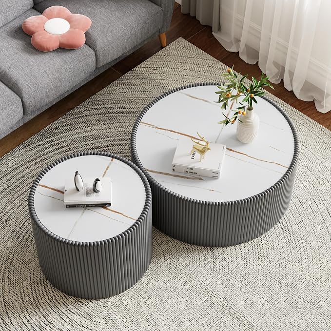 SSLine Round Drum Coffee Table Modern Sintered Stone Top Coffee Table in Grey - Image 7