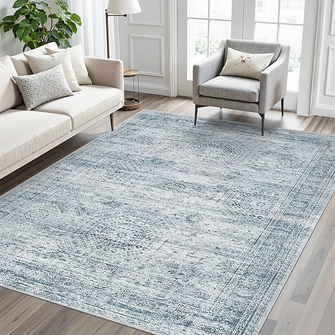 Soalmost 5x7 Area Rugs Blue Low Pile Washable Trendy Faded Style Rug | Vintage - Image 9
