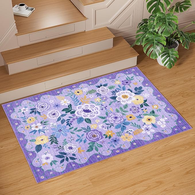 DUKINO 4x6 Area Rug, Floral Washable Rug Non Slip Office Chair Mat, Stain - Image 9