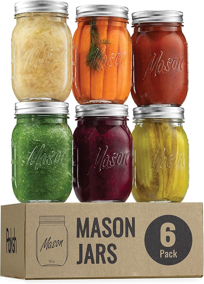 Paksh Novelty Mason Jars 16 oz - 6-Pack Regular Mouth Glass Jars with Lid & Seal Bands - Airtight Container for Pickling, Canning, Candles, Home Decor, Overnight Oats, Fruit Preserves, Jam or Jelly