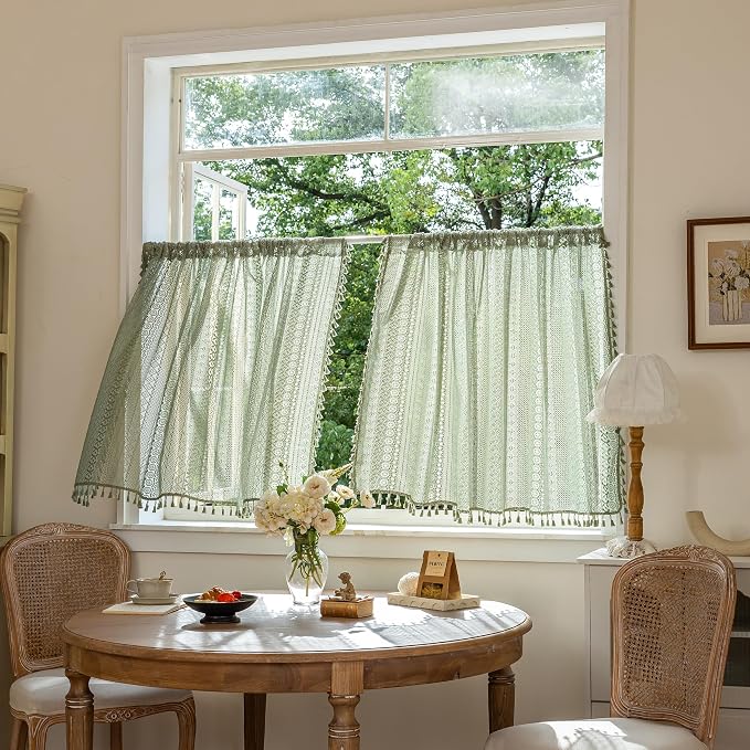 Sutuo Home Sage Green Boho Lace Short Curtains 2 Panels 50" W x 36" L | Sheer - Image 9