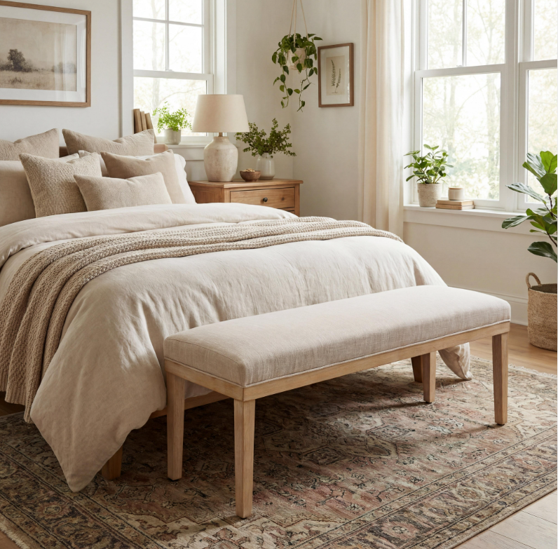 How to Style a Bench at the End of Your Bed | Vellora Home