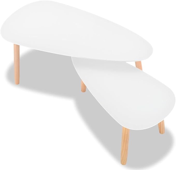 White Solid Pinewood and MDF Coffee Table Set of 2, Scandinavian Style Modern - Image 5